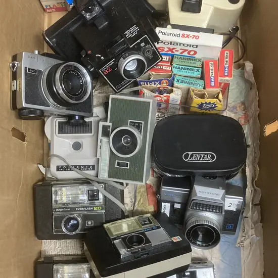 Box Lot Cameras & Gear - Keystone, Polaroid, Flash Bulbs Etc