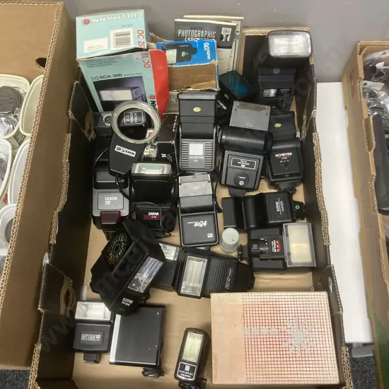 Box Lot Camera Gear - Flashes, Books Etc