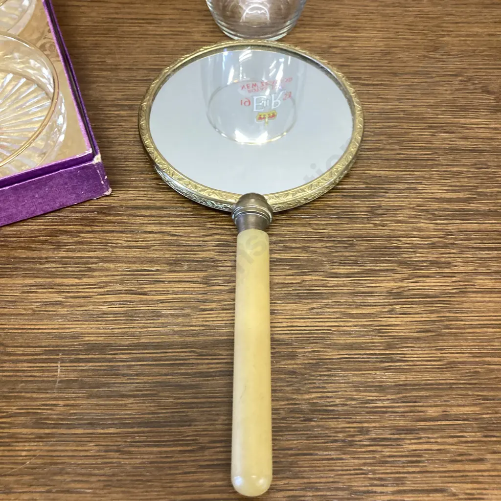 Vintage Hand Mirror With HRH. Prince Phillip On The Back, Queen Elizabeth 1953 New Zealand Visit Glass & Glass Ashtrays Image 1++