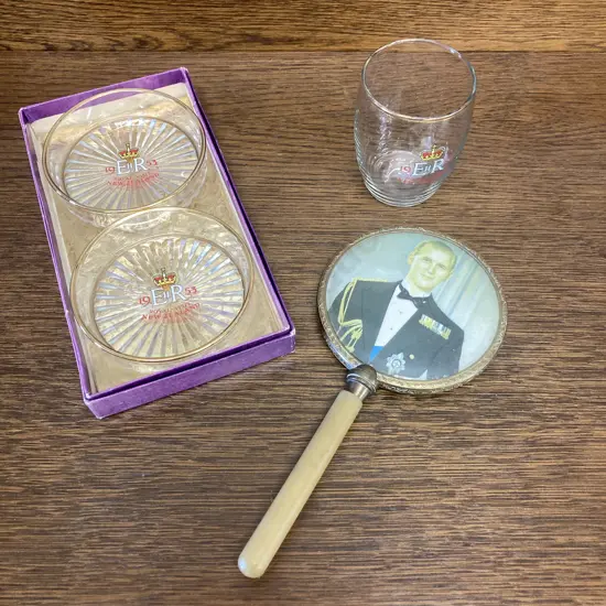 Vintage Hand Mirror With HRH. Prince Phillip On The Back, Queen Elizabeth 1953 New Zealand Visit Glass & Glass Ashtrays