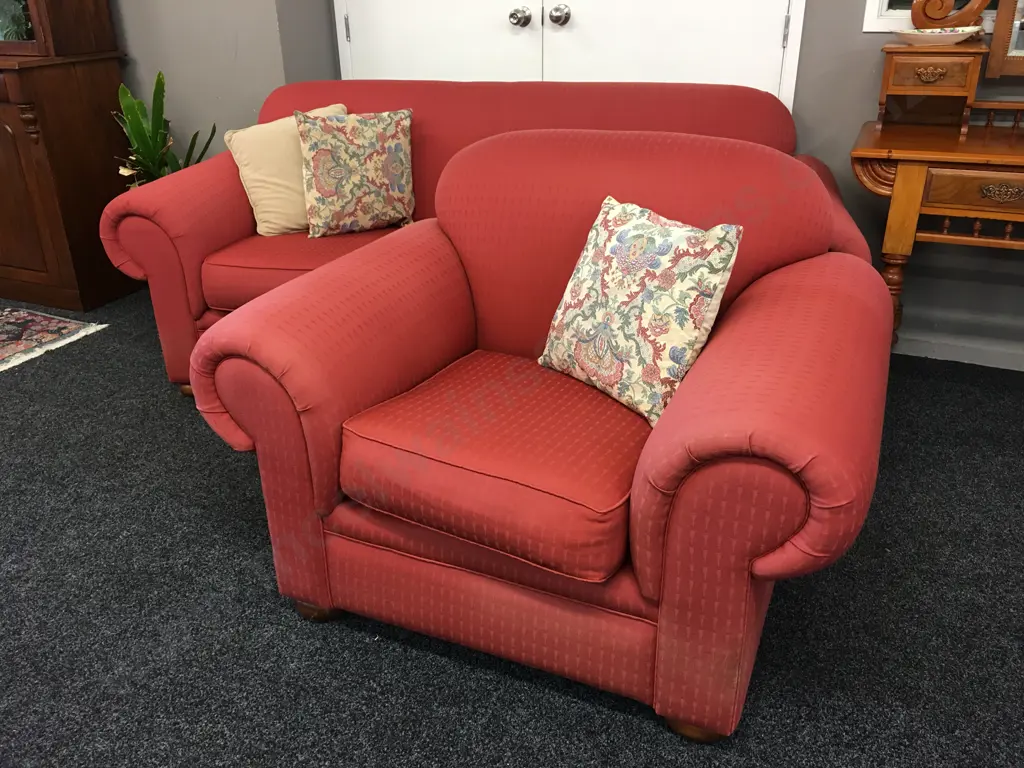 Large Terracotta Colour Fabric 3 Seater Sofa And Armchair, Wooden Bun Feet, Rolled Arms Image 1++