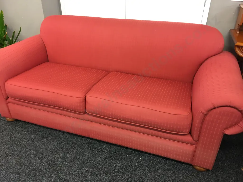Large Terracotta Colour Fabric 3 Seater Sofa And Armchair, Wooden Bun Feet, Rolled Arms Image 1++