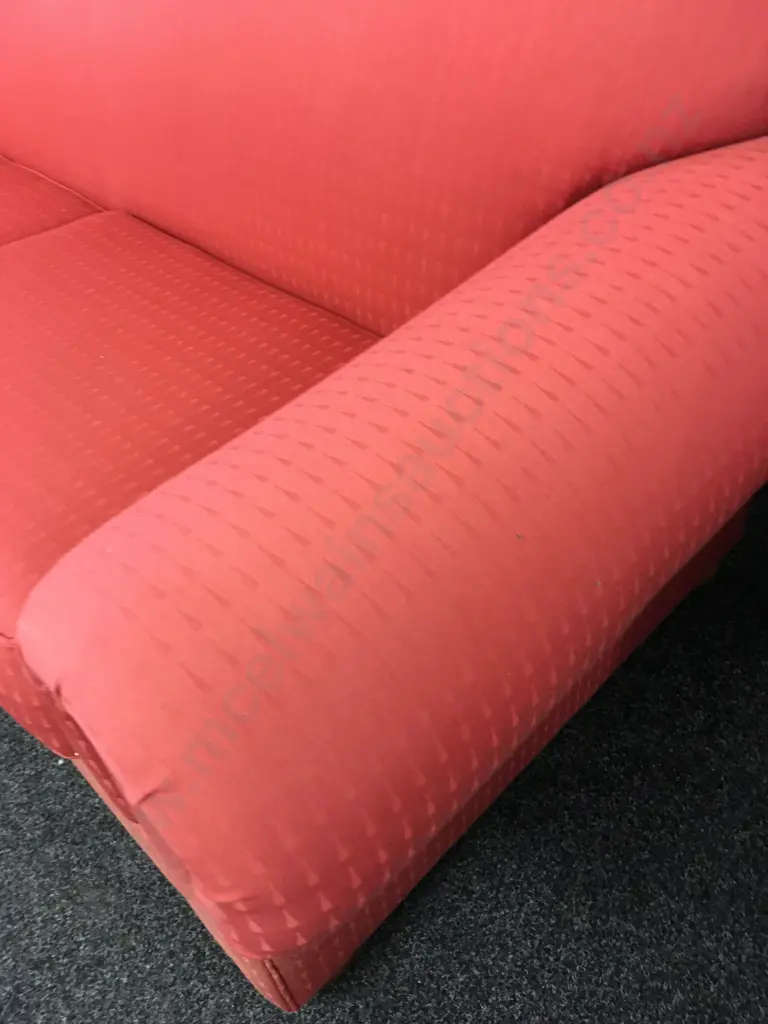 Large Terracotta Colour Fabric 3 Seater Sofa And Armchair, Wooden Bun Feet, Rolled Arms Image 1++