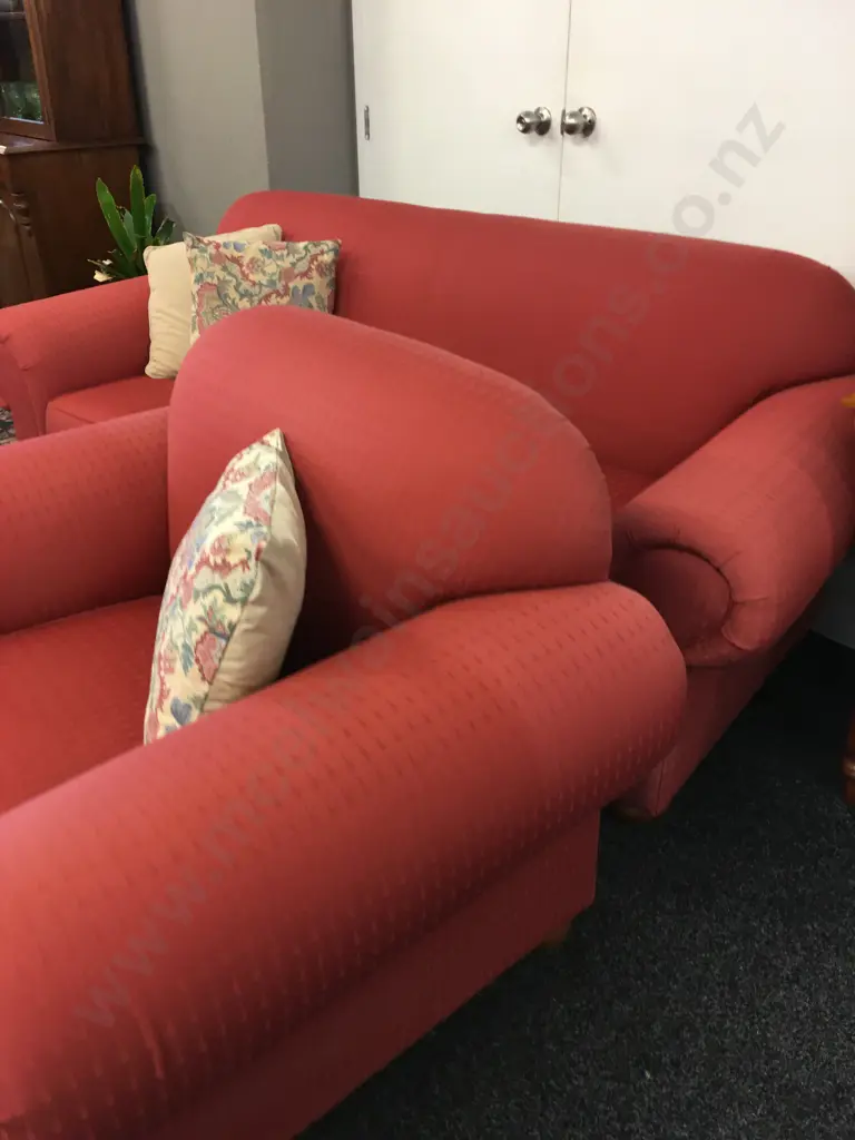 Large Terracotta Colour Fabric 3 Seater Sofa And Armchair, Wooden Bun Feet, Rolled Arms Image 1++