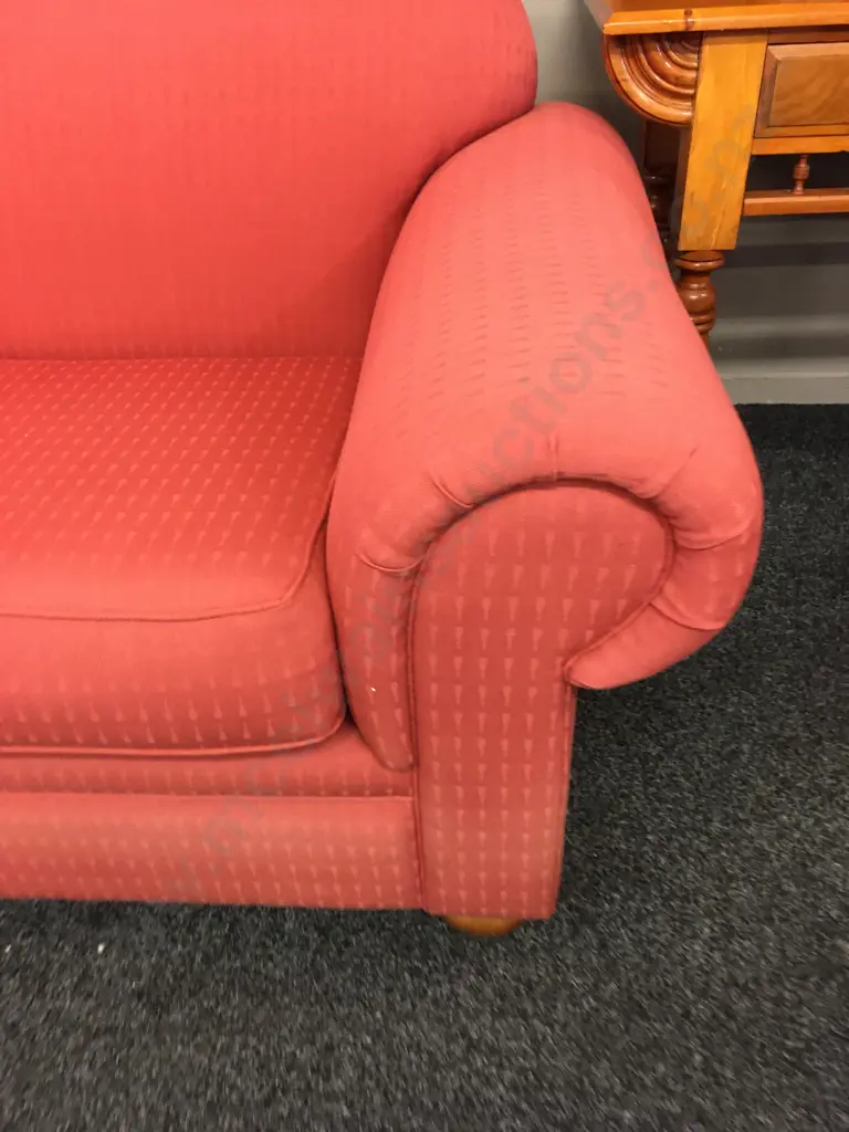 Large Terracotta Colour Fabric 3 Seater Sofa And Armchair, Wooden Bun Feet, Rolled Arms Image 1++