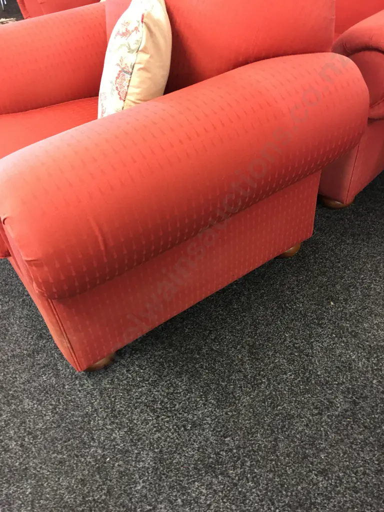 Large Terracotta Colour Fabric 3 Seater Sofa And Armchair, Wooden Bun Feet, Rolled Arms Image 1++