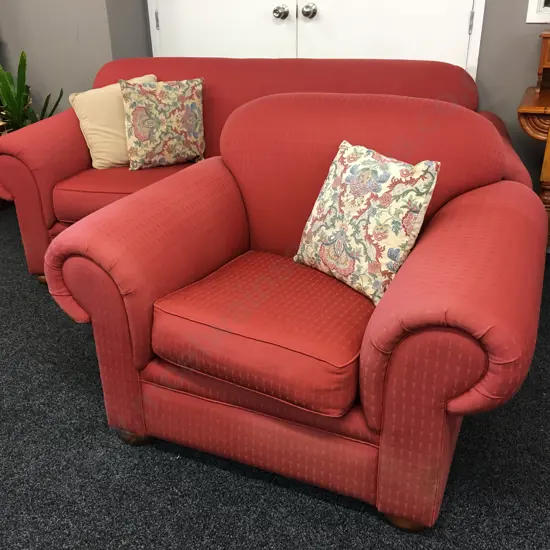 Large Terracotta Colour Fabric 3 Seater Sofa And Armchair, Wooden Bun Feet, Rolled Arms
