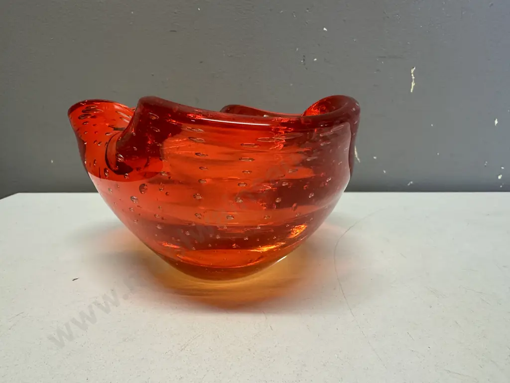 Vintage Murano Style Orange Controlled Bubbles Patterned Ashtray Image 1++