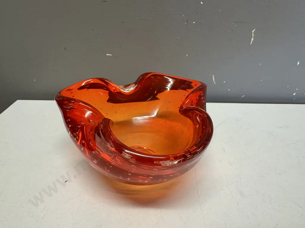 Vintage Murano Style Orange Controlled Bubbles Patterned Ashtray Image 1++