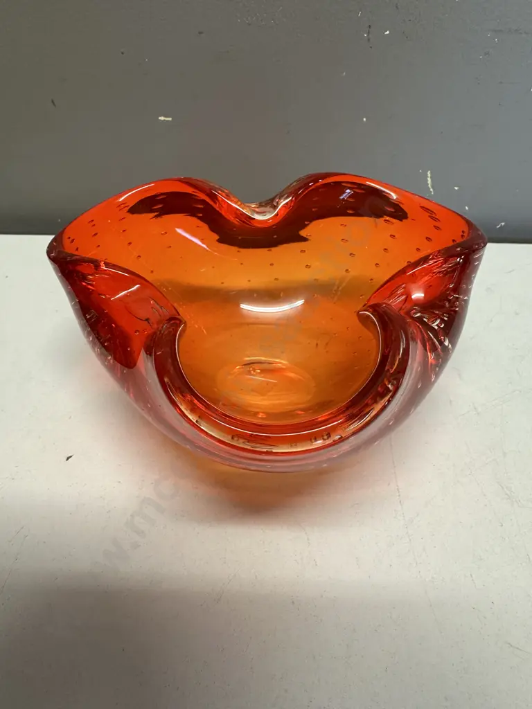 Vintage Murano Style Orange Controlled Bubbles Patterned Ashtray Image 1++