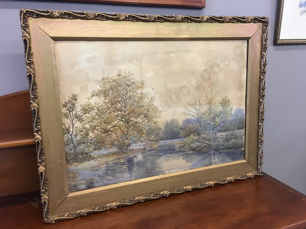 Vintage Ornate Gilt Framed Artwork Signed Country Scene H52,W70cm. Image 1++