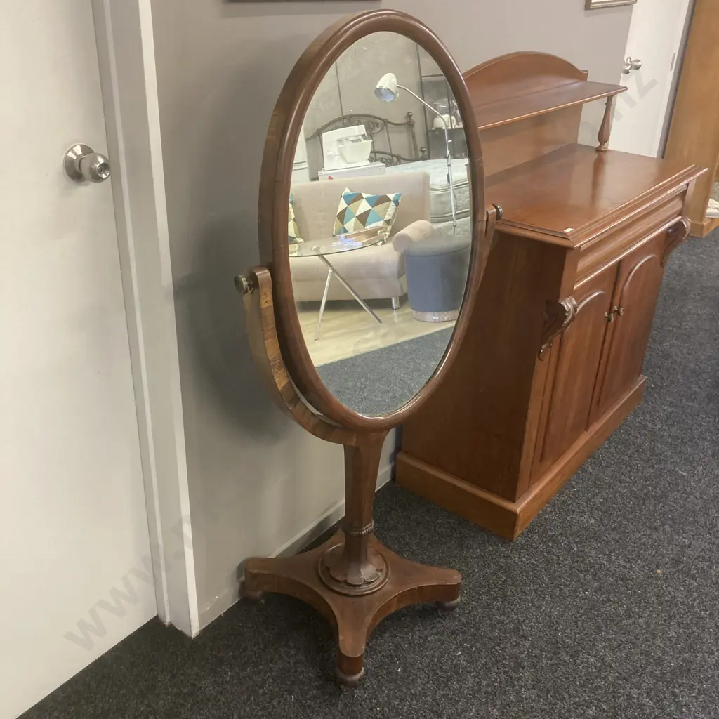 Large Victorian Mahogany & Veneer Cheval Mirror On Metal Castors. 144 x 72cm (af) Image 1++