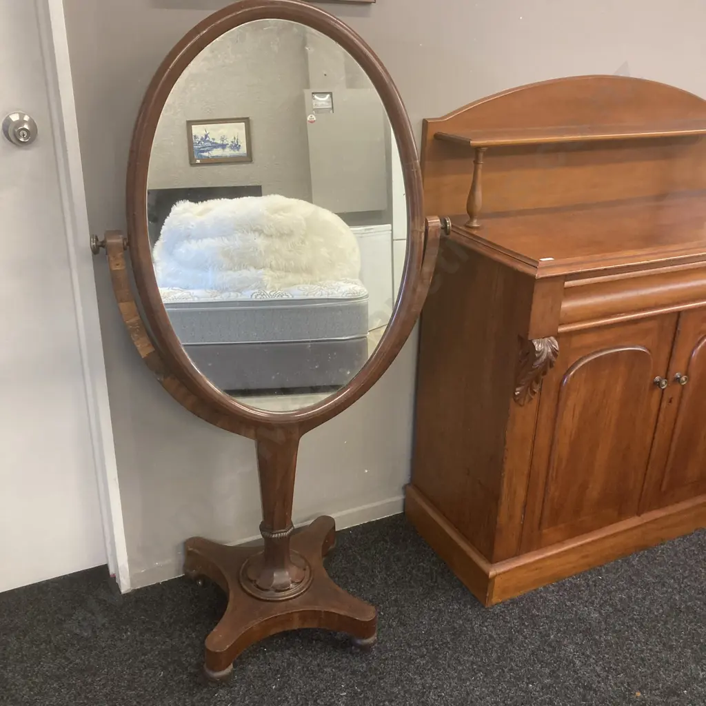 Large Victorian Mahogany & Veneer Cheval Mirror On Metal Castors. 144 x 72cm (af) Image 1++
