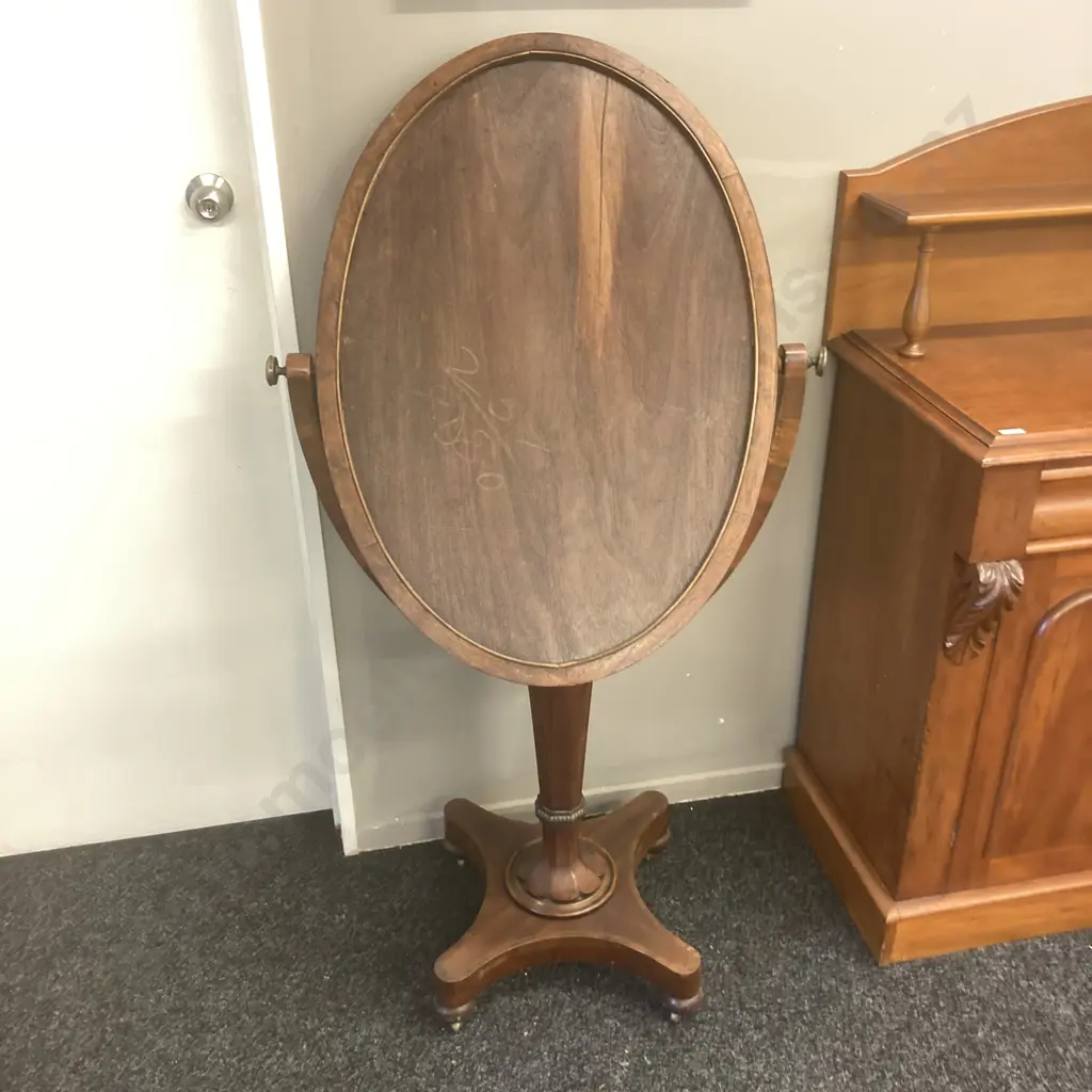 Large Victorian Mahogany & Veneer Cheval Mirror On Metal Castors. 144 x 72cm (af) Image 1++
