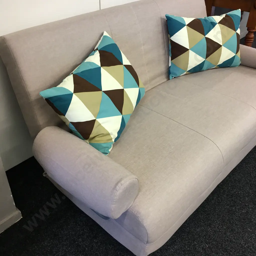 Mocha Colour Fabric Fold Out Bed Settee, Brushed Chrome Feet, With Pair of Blue & Brown Patterned Cushions.163cm Image 1++