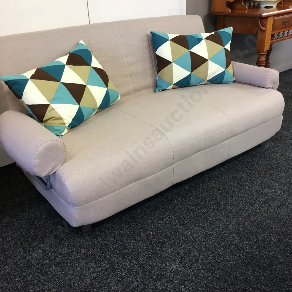 Mocha Colour Fabric Fold Out Bed Settee, Brushed Chrome Feet, With Pair of Blue & Brown Patterned Cushions.163cm Image 1++