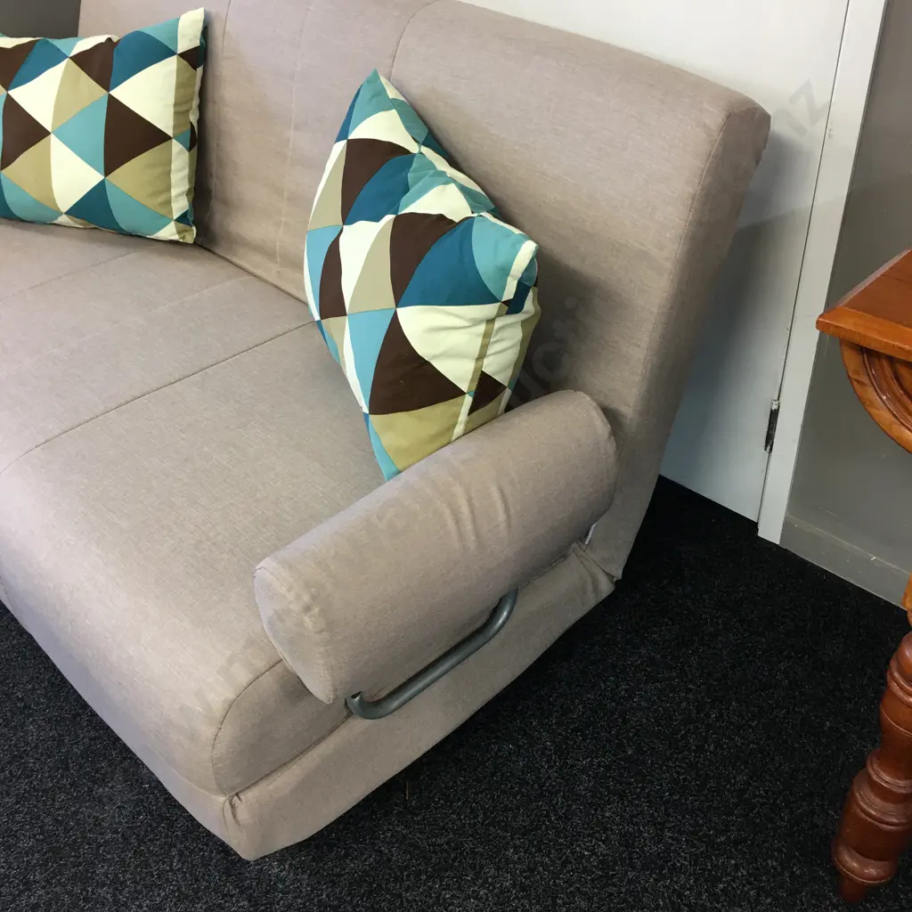 Mocha Colour Fabric Fold Out Bed Settee, Brushed Chrome Feet, With Pair of Blue & Brown Patterned Cushions.163cm Image 1++