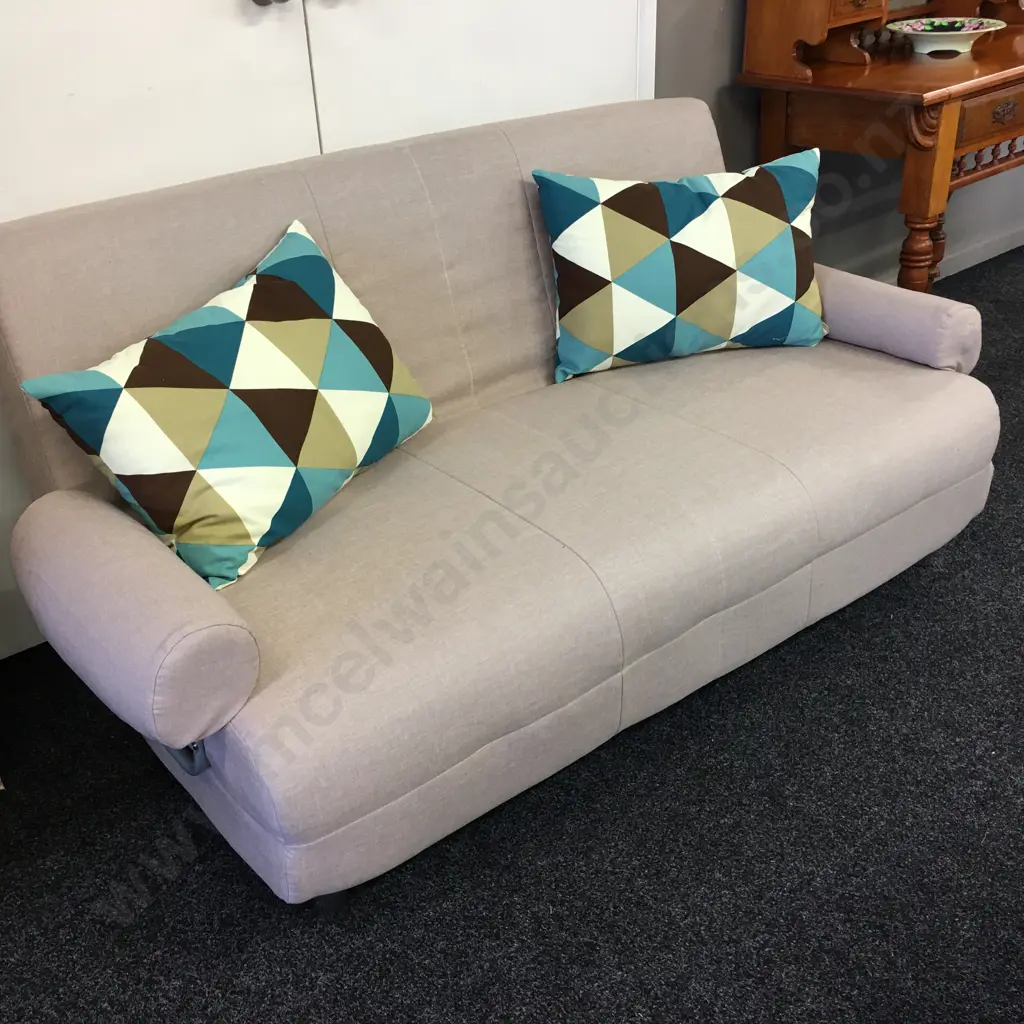 Mocha Colour Fabric Fold Out Bed Settee, Brushed Chrome Feet, With Pair of Blue & Brown Patterned Cushions.163cm Image 1++