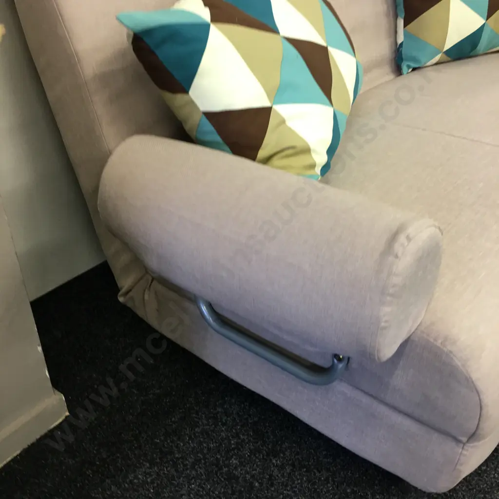 Mocha Colour Fabric Fold Out Bed Settee, Brushed Chrome Feet, With Pair of Blue & Brown Patterned Cushions.163cm Image 1++