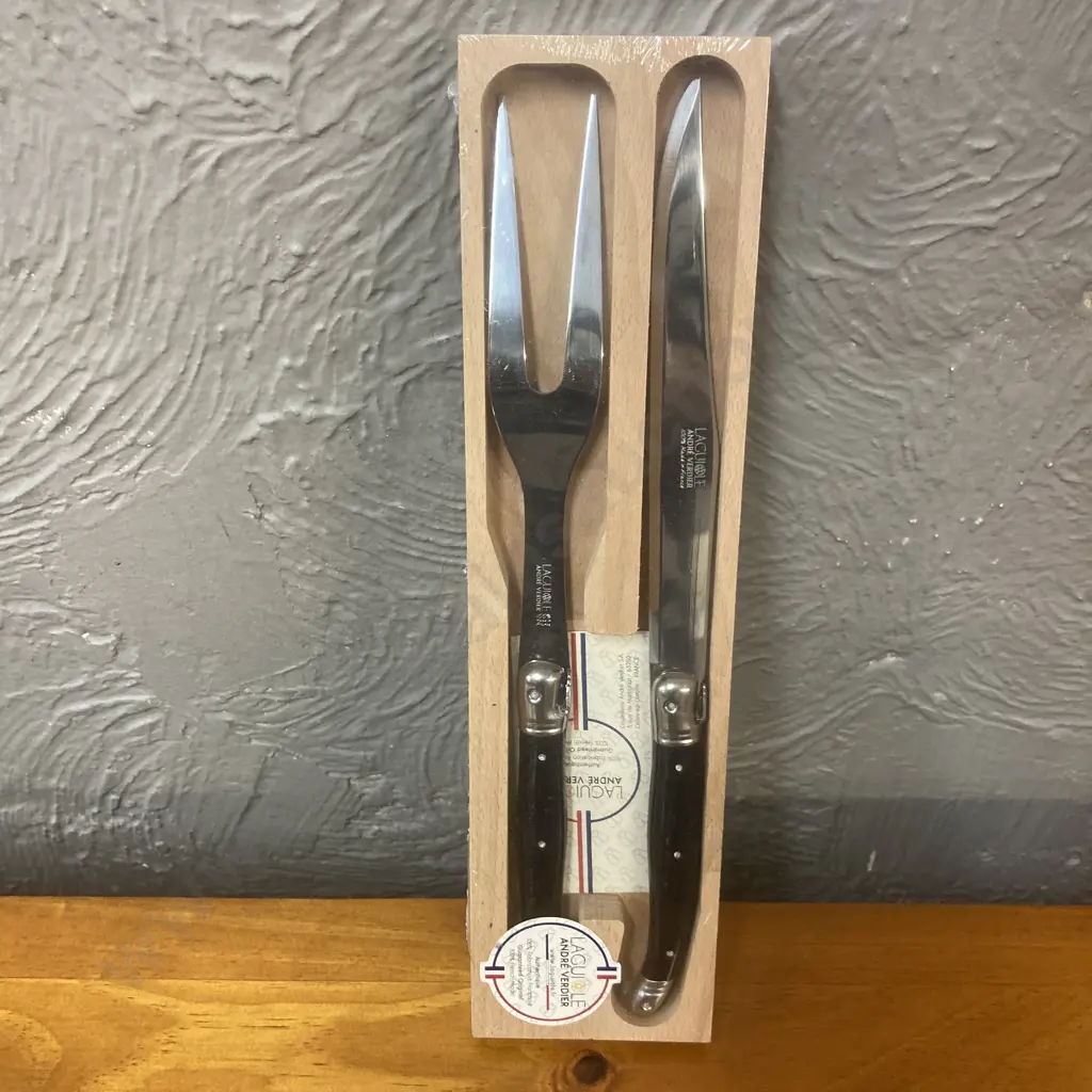 Giftboxed Andre Verdier Laguiole Carving Set with Black Resin Handles. Image 1++