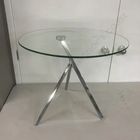 Modernist Side Table With Round Glass Top & Tripod Base. 51 x 60cm