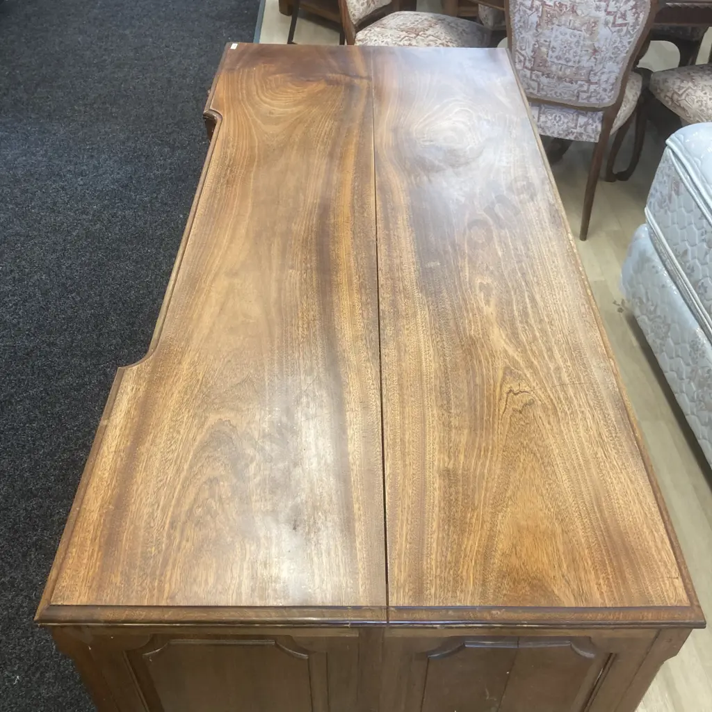 Antique Mahogany 8 Drawer Desk  With 2 Slide Out Wings, Wooden Semi Recessed Handles, Cabriole Legs. H82 W158 D73cm Image 1++