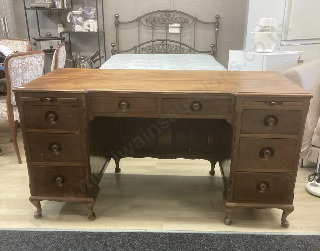 Antique Mahogany 8 Drawer Desk  With 2 Slide Out Wings, Wooden Semi Recessed Handles, Cabriole Legs. H82 W158 D73cm Image 1++