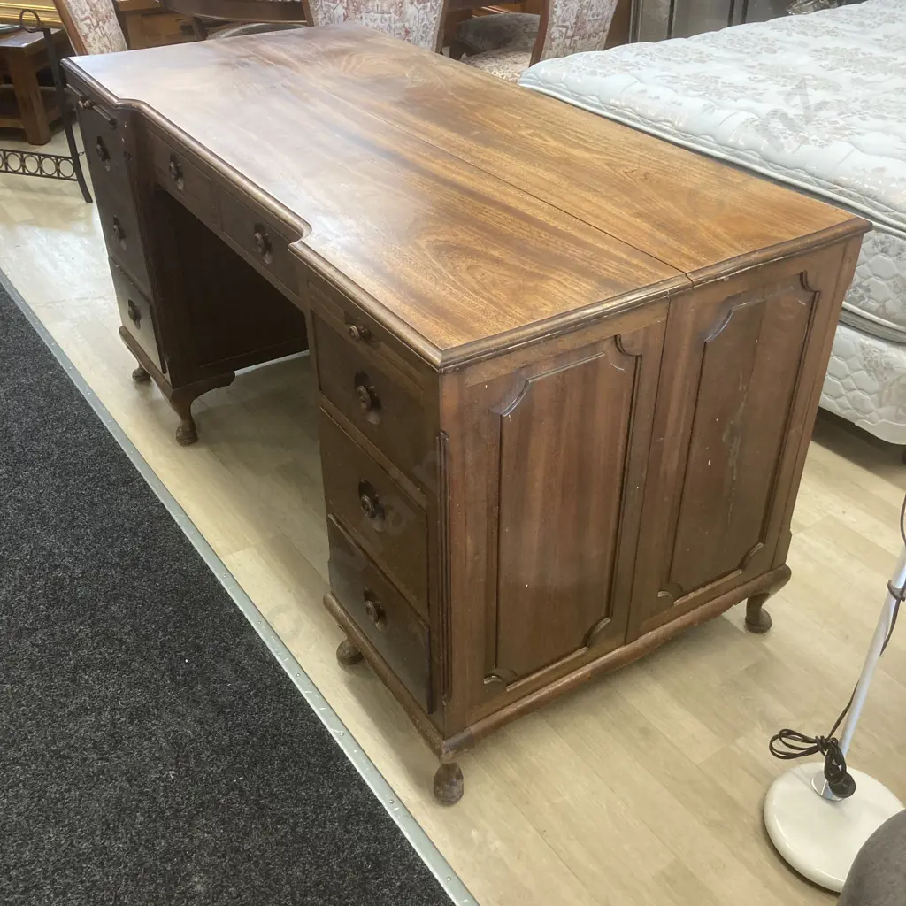 Antique Mahogany 8 Drawer Desk  With 2 Slide Out Wings, Wooden Semi Recessed Handles, Cabriole Legs. H82 W158 D73cm Image 1++