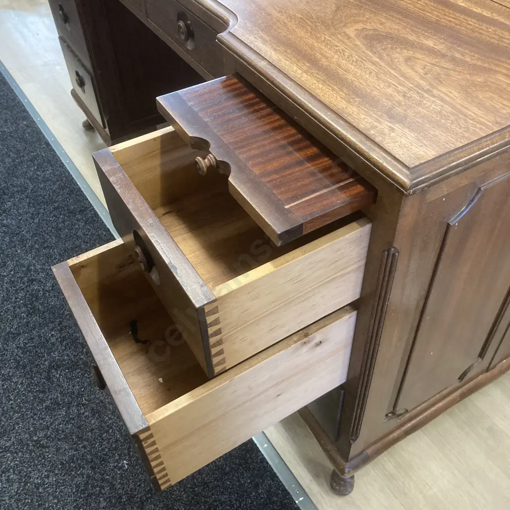 Antique Mahogany 8 Drawer Desk  With 2 Slide Out Wings, Wooden Semi Recessed Handles, Cabriole Legs. H82 W158 D73cm Image 1++