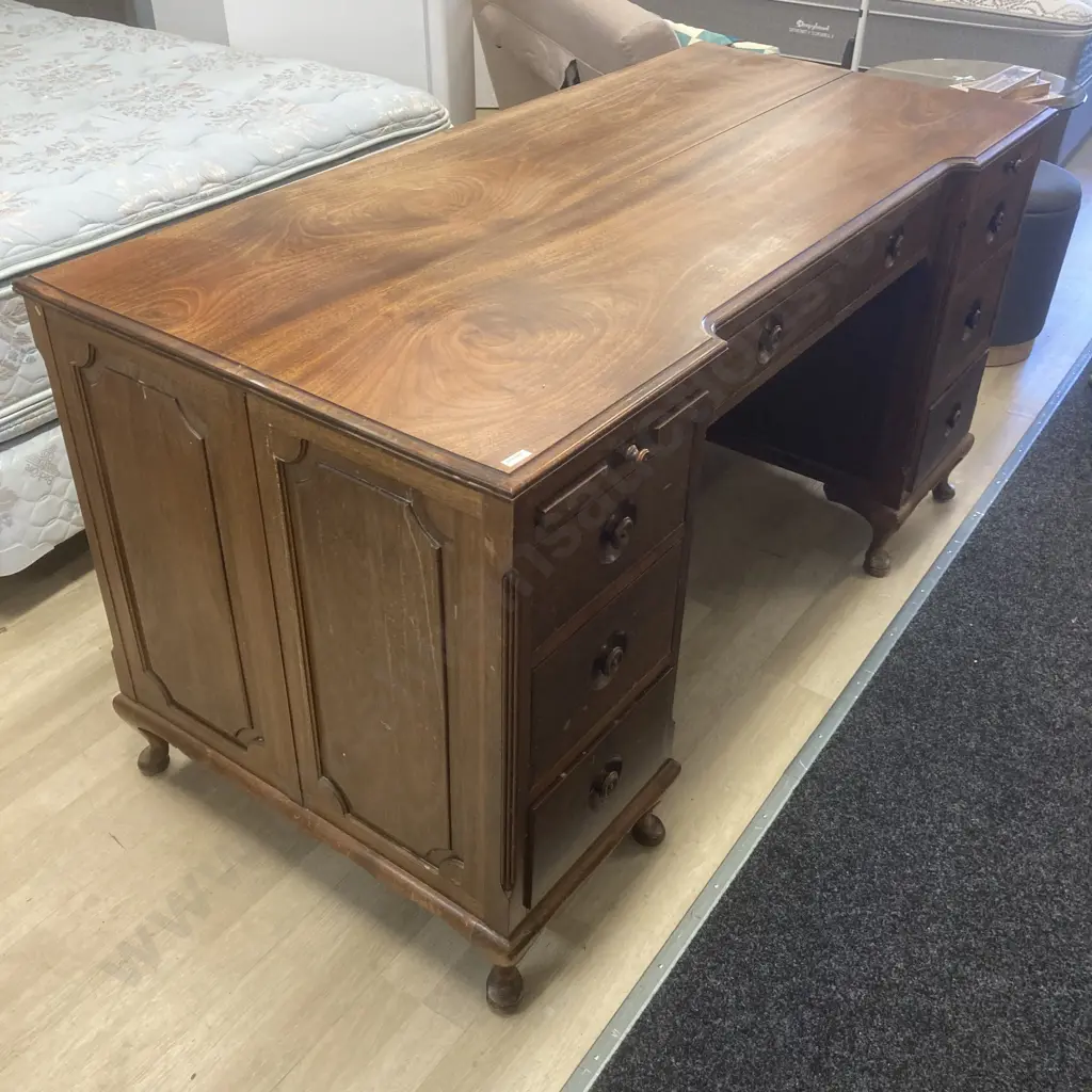 Antique Mahogany 8 Drawer Desk  With 2 Slide Out Wings, Wooden Semi Recessed Handles, Cabriole Legs. H82 W158 D73cm Image 1++