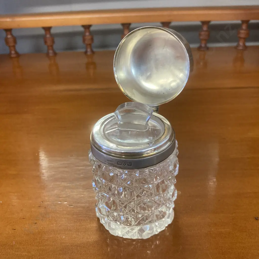 Antique Cut Glass & Sterling Silver Lidded Vanity Jar With Glass Stopper, Hallmarked Chester 1920. H10cm Image 1++