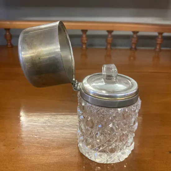 Antique Cut Glass & Sterling Silver Lidded Vanity Jar With Glass Stopper, Hallmarked Chester 1920. H10cm