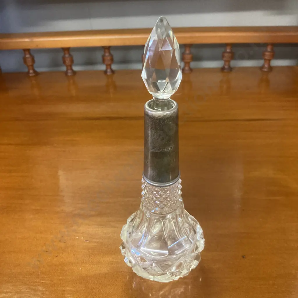 Antique Cut Glass Perfume Bottle With Silver Collar, Hallmarked SL & Ss Ltd London 1922. H19cm Image 1++