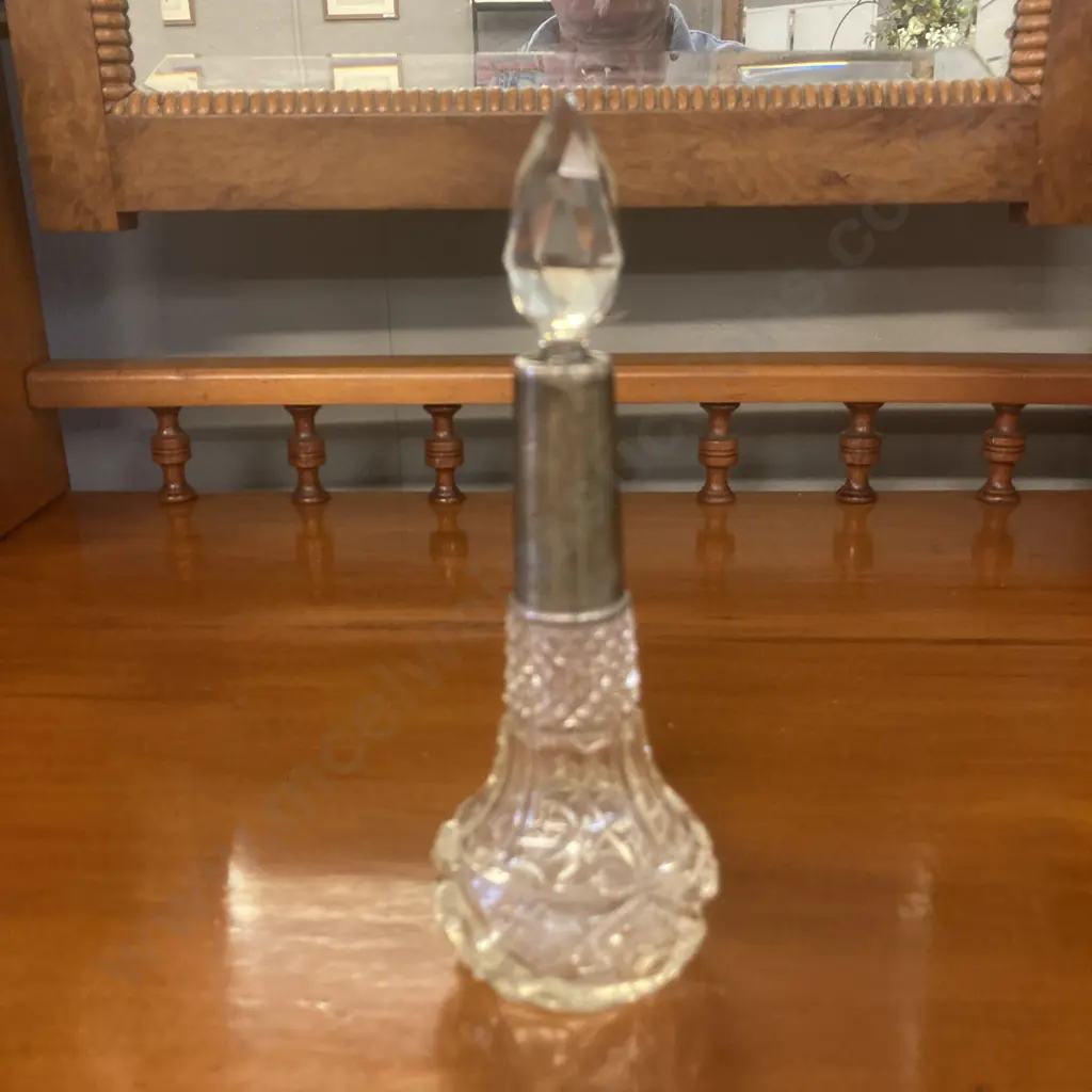 Antique Cut Glass Perfume Bottle With Silver Collar, Hallmarked SL & Ss Ltd London 1922. H19cm Image 1++