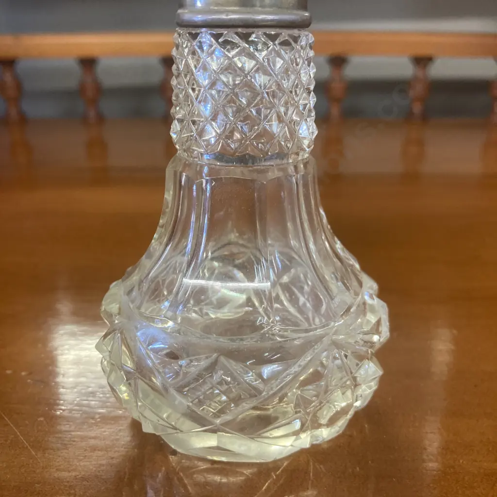 Antique Cut Glass Perfume Bottle With Silver Collar, Hallmarked SL & Ss Ltd London 1922. H19cm Image 1++