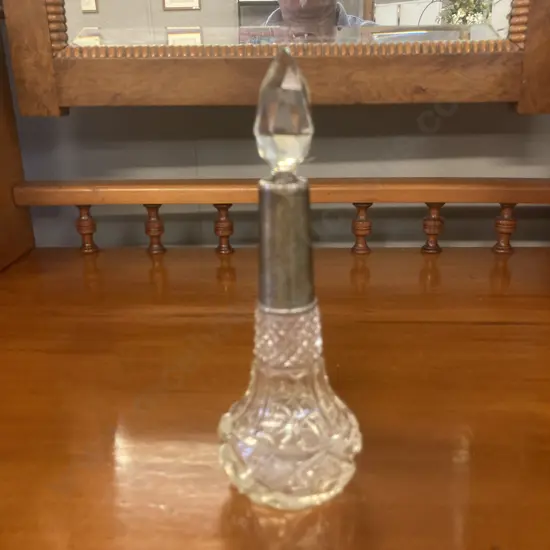 Antique Cut Glass Perfume Bottle With Silver Collar, Hallmarked SL & Ss Ltd London 1922. H19cm