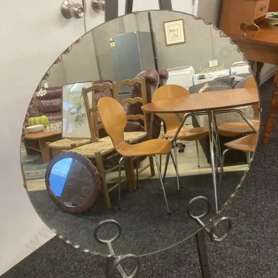 Retro Round Wall Mirror With Scalloped Patterned Edge. 60cm