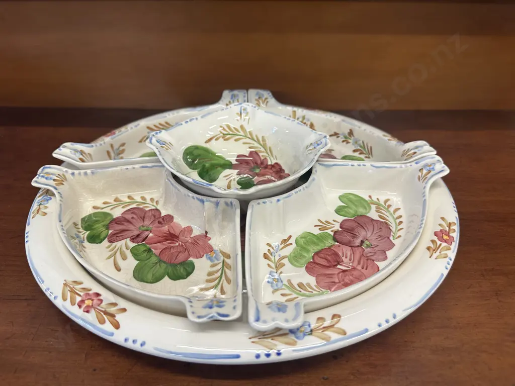 Vintage Belle Fiore Chanticleer Ware Separated Bone Shaped Dishes x4 & Round Dish On Large Round Platter Image 1++