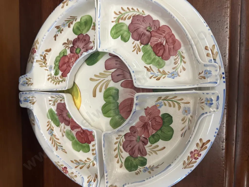 Vintage Belle Fiore Chanticleer Ware Separated Bone Shaped Dishes x4 & Round Dish On Large Round Platter Image 1++