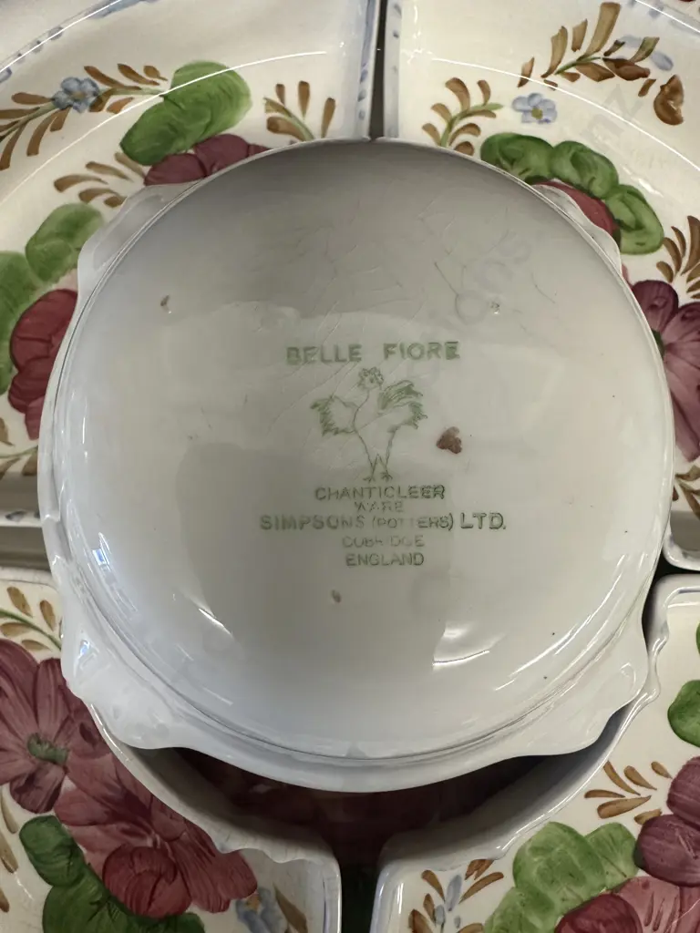 Vintage Belle Fiore Chanticleer Ware Separated Bone Shaped Dishes x4 & Round Dish On Large Round Platter Image 1++