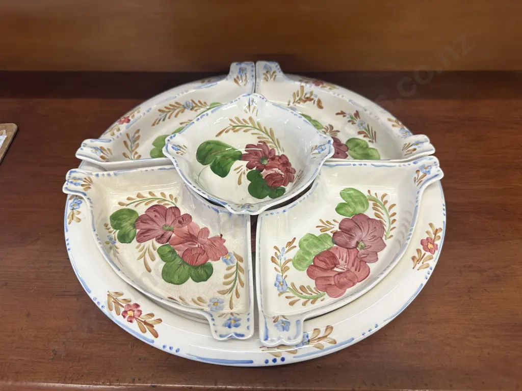 Vintage Belle Fiore Chanticleer Ware Separated Bone Shaped Dishes x4 & Round Dish On Large Round Platter Image 1++