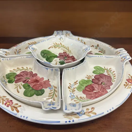 Vintage Belle Fiore Chanticleer Ware Separated Bone Shaped Dishes x4 & Round Dish On Large Round Platter