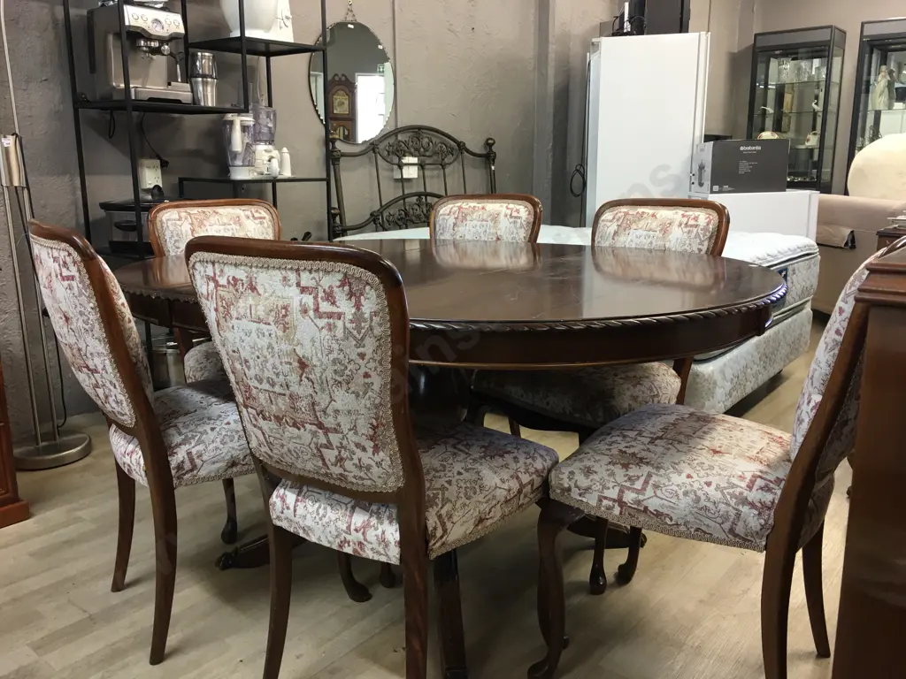 Mahogany Round Extn Table,117cm, Rope Edge, Brass Claw Feet, 6 x Chairs With Burgundy/Cream Fabric & Braiding Image 1++