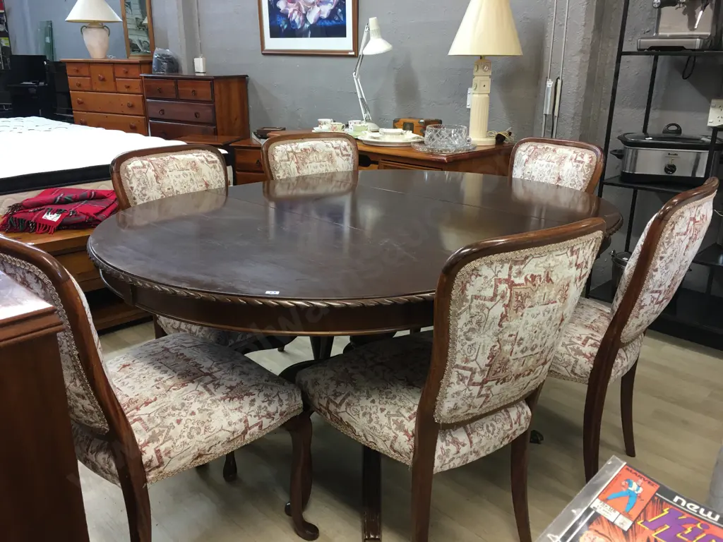 Mahogany Round Extn Table,117cm, Rope Edge, Brass Claw Feet, 6 x Chairs With Burgundy/Cream Fabric & Braiding Image 1++