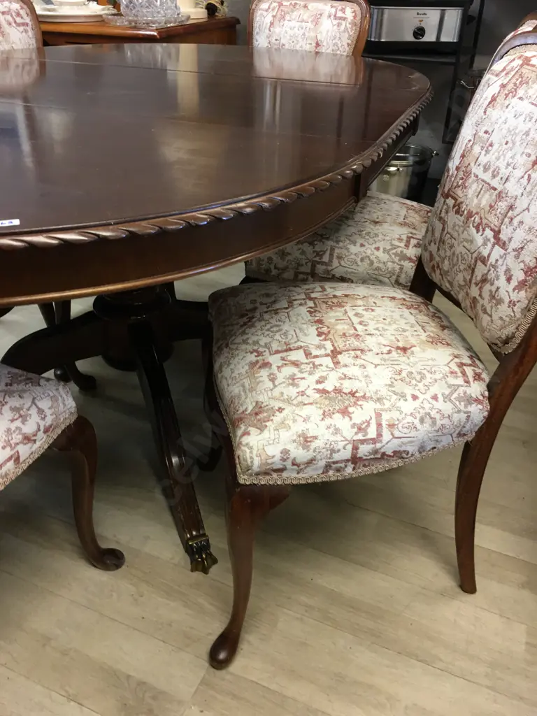 Mahogany Round Extn Table,117cm, Rope Edge, Brass Claw Feet, 6 x Chairs With Burgundy/Cream Fabric & Braiding Image 1++