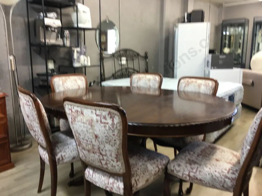 Mahogany Round Extn Table,117cm, Rope Edge, Brass Claw Feet, 6 x Chairs With Burgundy/Cream Fabric & Braiding Image 1++