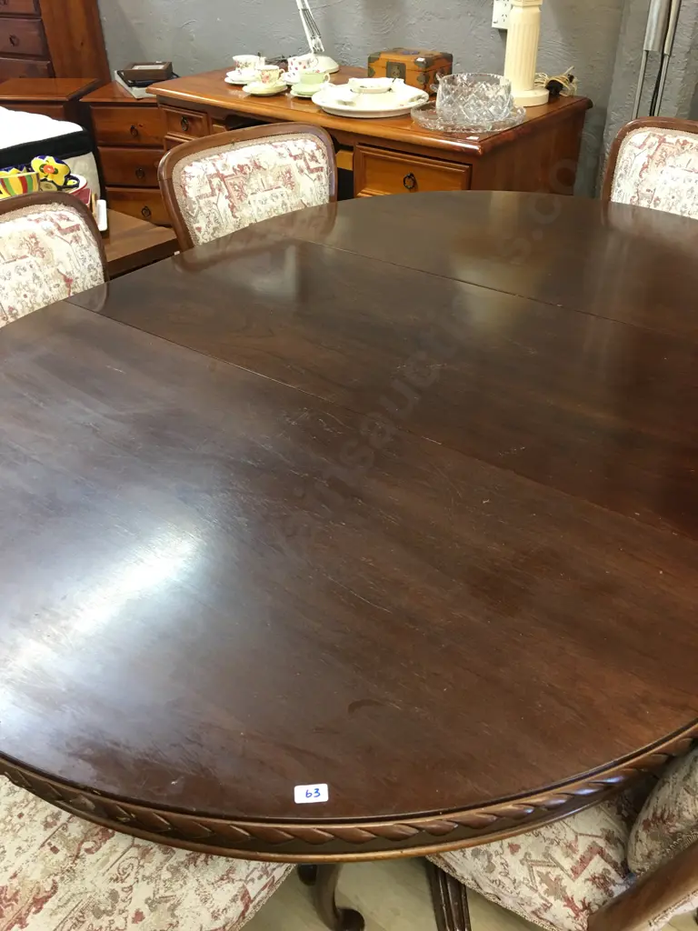 Mahogany Round Extn Table,117cm, Rope Edge, Brass Claw Feet, 6 x Chairs With Burgundy/Cream Fabric & Braiding Image 1++