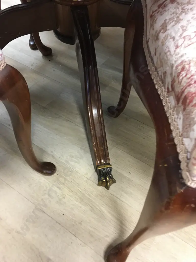 Mahogany Round Extn Table,117cm, Rope Edge, Brass Claw Feet, 6 x Chairs With Burgundy/Cream Fabric & Braiding Image 1++