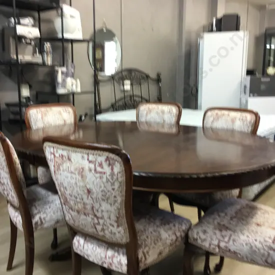 Mahogany Round Extn Table,117cm, Rope Edge, Brass Claw Feet, 6 x Chairs With Burgundy/Cream Fabric & Braiding