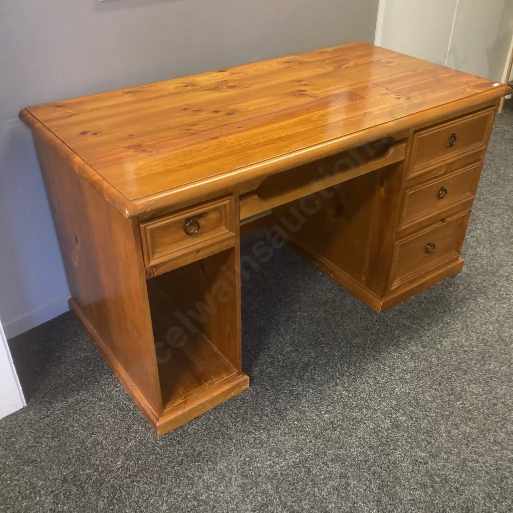 Pine Desk, 4 Drawer, PC Box Shelf, Pull Out Keyboard Slide, Black Ring Handles. H76 W139 D69cm Image 1++